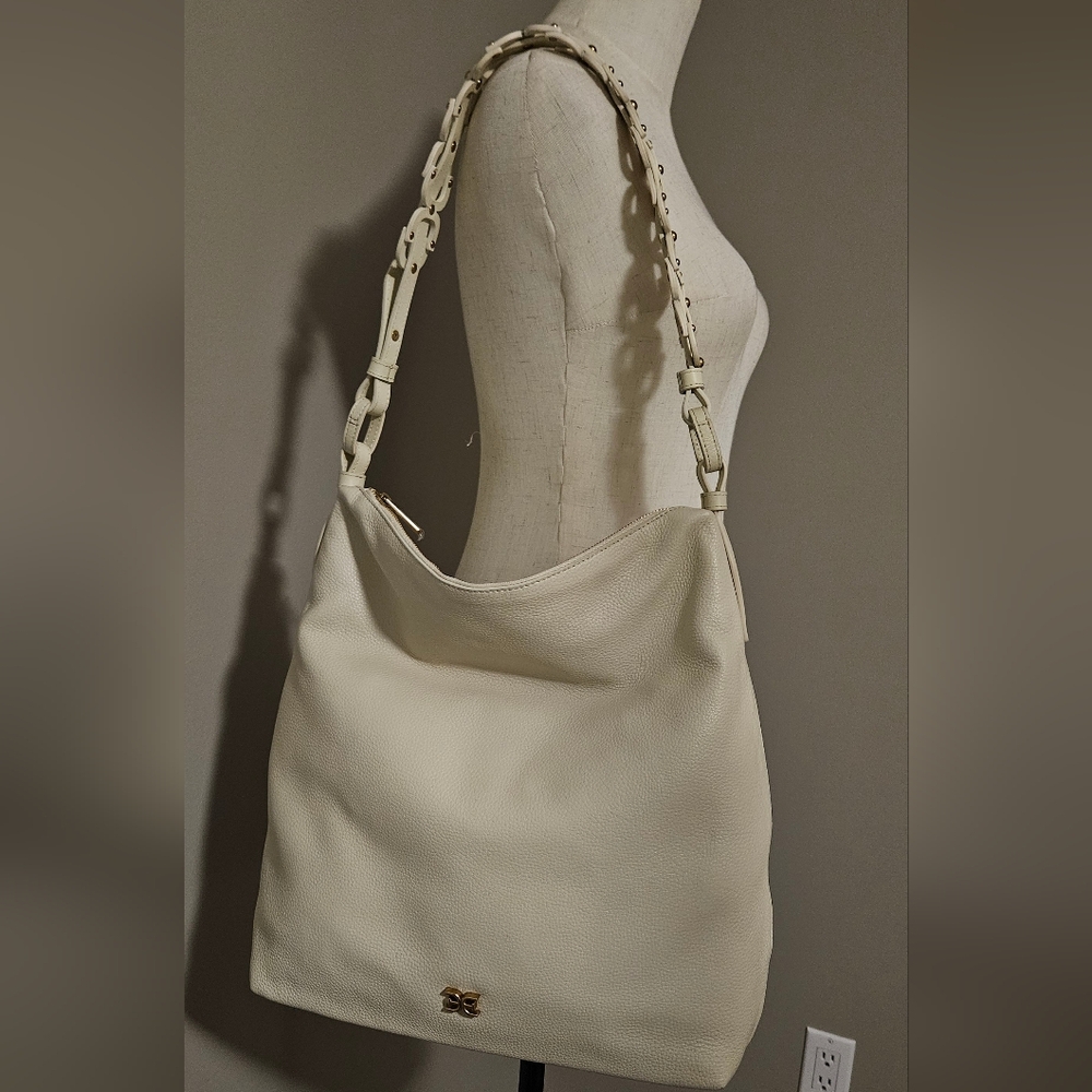 NWT Sam Edelman Bay Large Chainlink Hobo Pebble Leather Bag: Cream/Gold